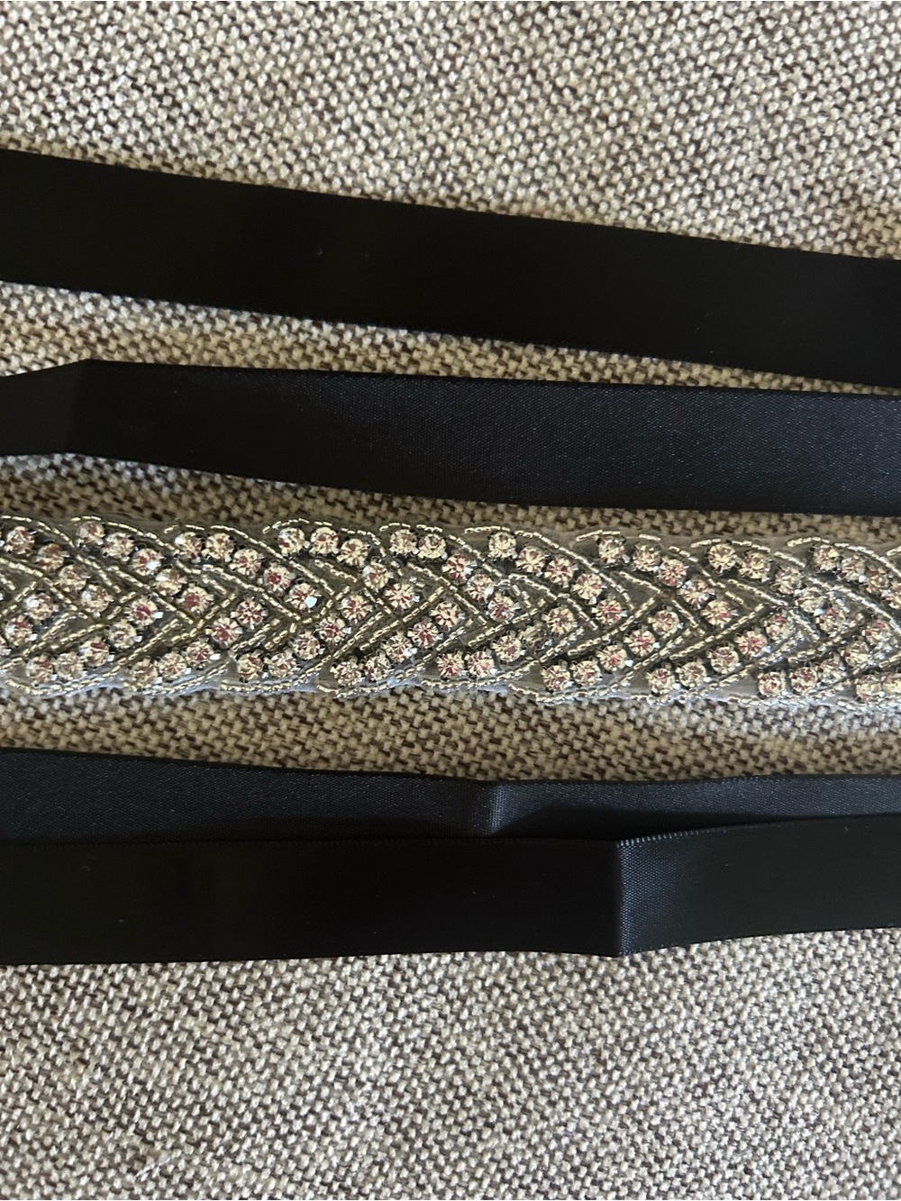 Black Satin Belt with Silver Braided Crystal Accent 100 inch